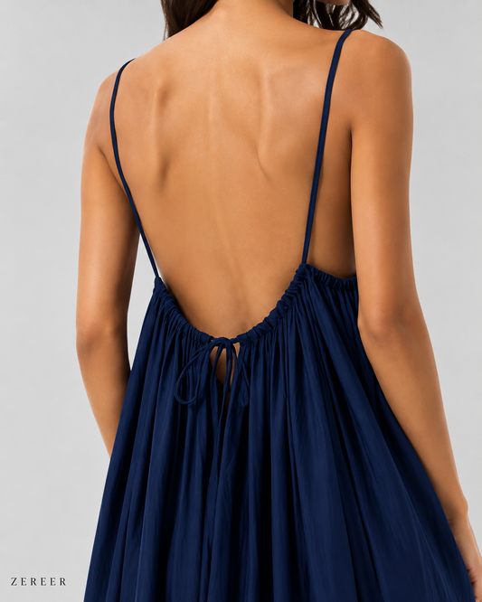 Navy Blue Backless Cami Gathered Maxi Dress with Back Flow