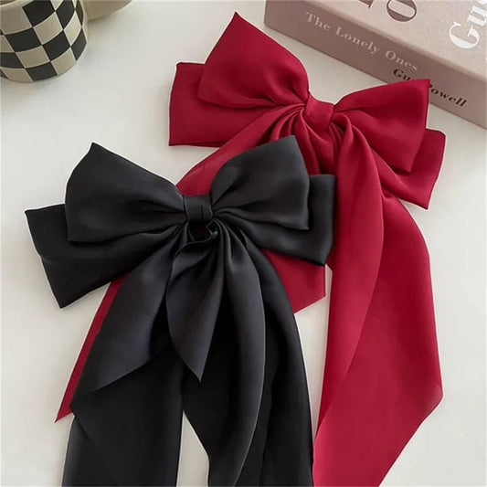 Pack of 2 Elegant Bow Ribbon Hair Clip Fashion Simple Solid Satin Spring Clip Hair Pin Retro Headband with Clips Girls Hair Accessories