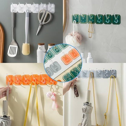 (Pack of 2) Wall Mounted Punch Free Strong Self Adhesive Stylish 6 Hook in Row For Home and Outdoor Use