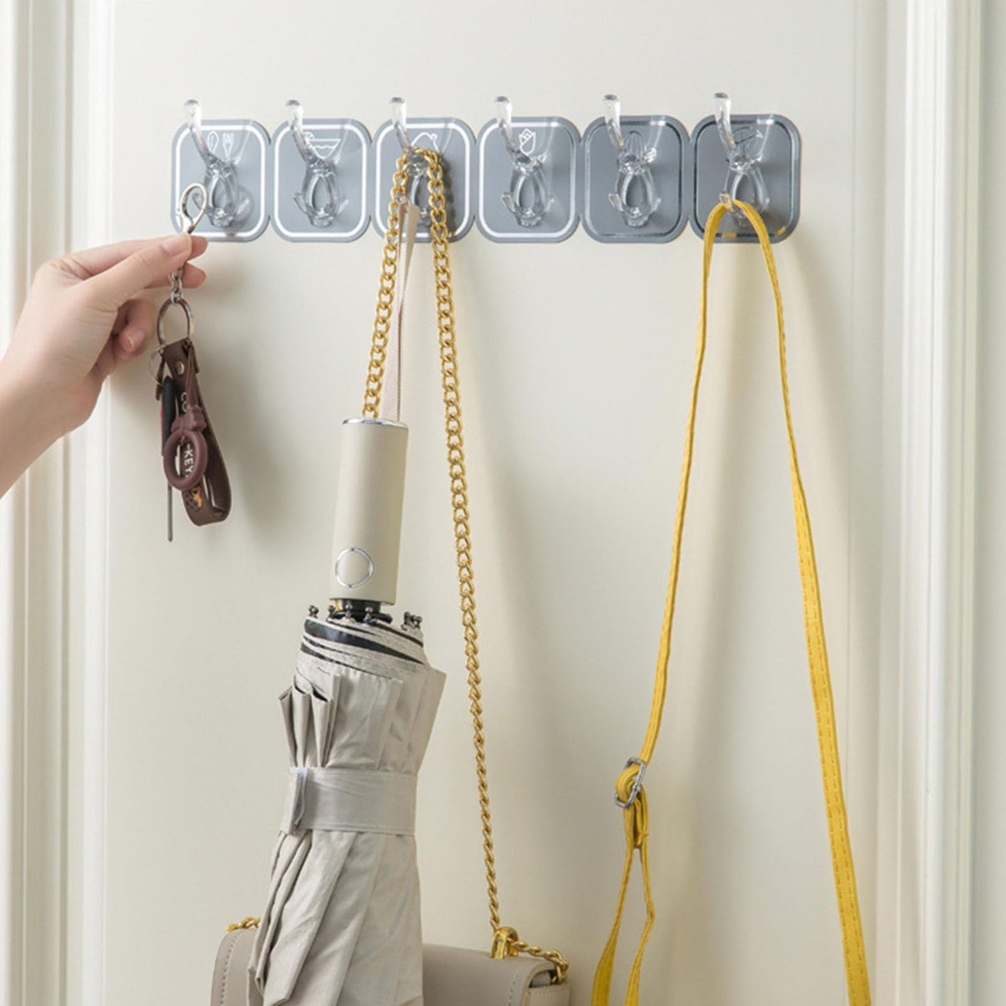 (Pack of 2) Wall Mounted Punch Free Strong Self Adhesive Stylish 6 Hook in Row For Home and Outdoor Use