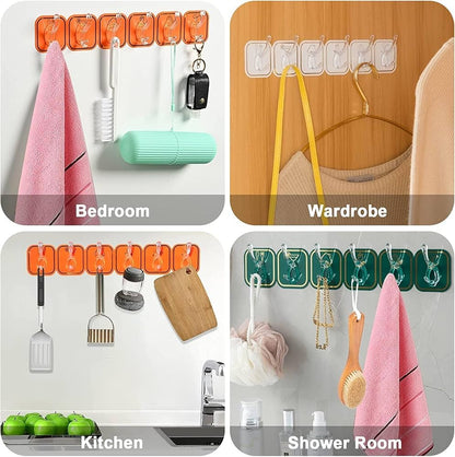 (Pack of 2) Wall Mounted Punch Free Strong Self Adhesive Stylish 6 Hook in Row For Home and Outdoor Use