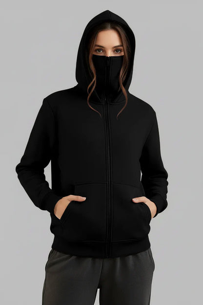 Balaclava Ninja Zipper Hoodie Jacket in Black For Women