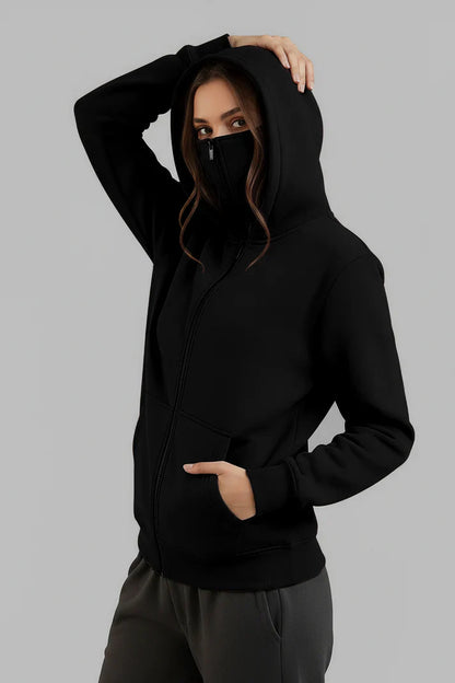 Balaclava Ninja Zipper Hoodie Jacket in Black For Women