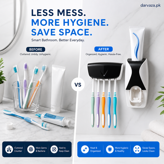 Automatic Toothpaste Dispenser Squeezer Hands Free Set and 5 Toothbrush Holder