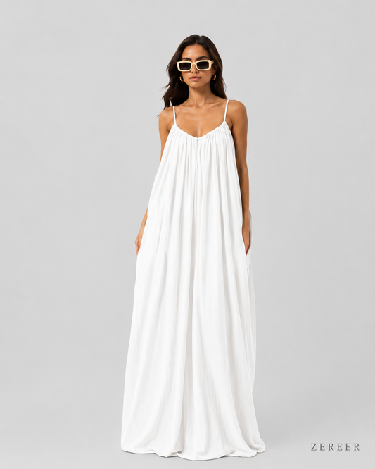 Pearl White Backless Cami Gathered Maxi Dress with Back Flow