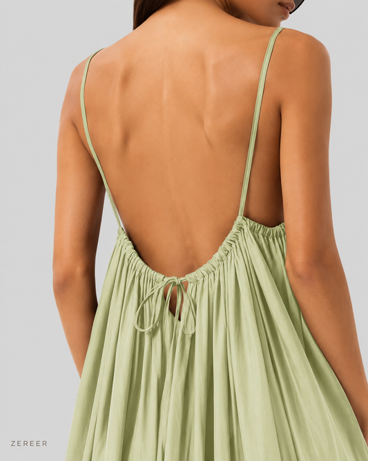 Pistachio Backless Cami Gathered Maxi Dress with Back Flow