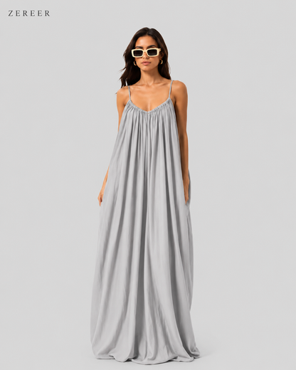 SIlver Grey Backless Cami Gathered Maxi Dress with Back Flow