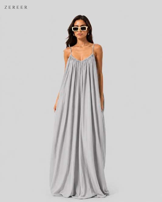 SIlver Grey Backless Cami Gathered Maxi Dress with Back Flow