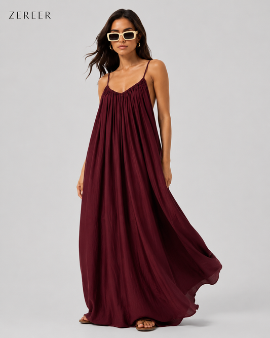 Maroon Backless Cami Gathered Maxi Dress with Back Flow