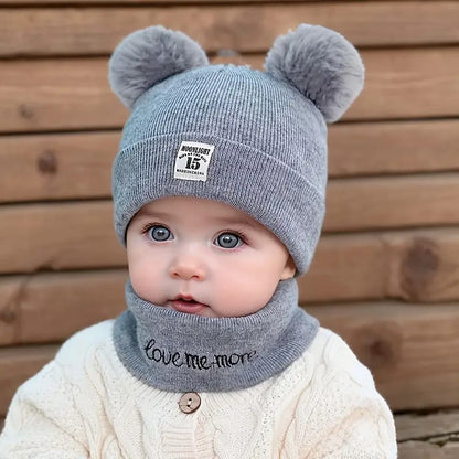Woolen Warm Double Pom Pom Cap Beanie Hat and Muffler Winter Accessories for Baby Boys and Girls