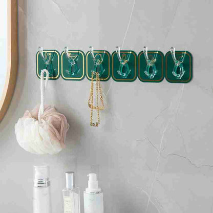 (Pack of 2) Wall Mounted Punch Free Strong Self Adhesive Stylish 6 Hook in Row For Home and Outdoor Use